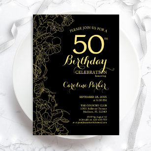 Black Gold Floral 50th Birthday Party Invitation