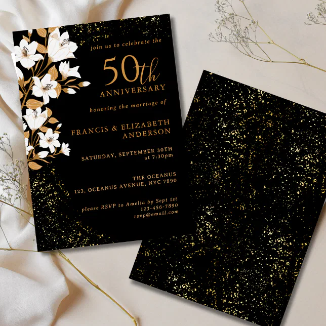 Black Gold Floral 50th Wedding Anniversary Invitation | Zazzle