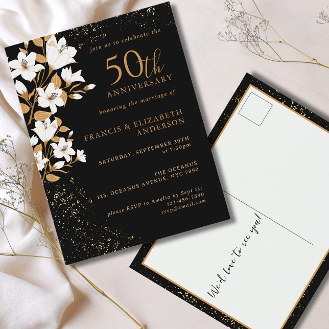 Black Gold Floral 50th Wedding Anniversary Postcard (Creator Uploaded)