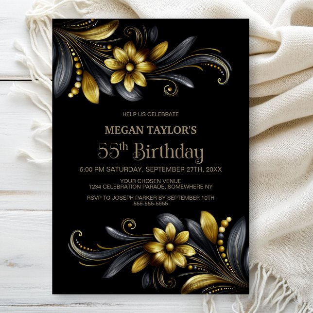 Black Gold Floral 55th Birthday Party Invitation (Creator Uploaded)