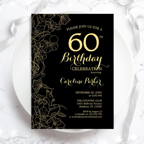 Black Gold Floral 60th Birthday Party Invitation