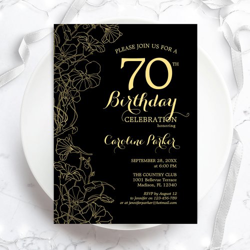 Black Gold Floral 70th Birthday Party Invitation