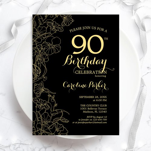 Black Gold Floral 90th Birthday Party Invitation