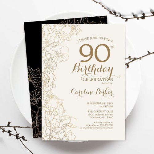 Black Gold Floral 90th Birthday Party Invitation