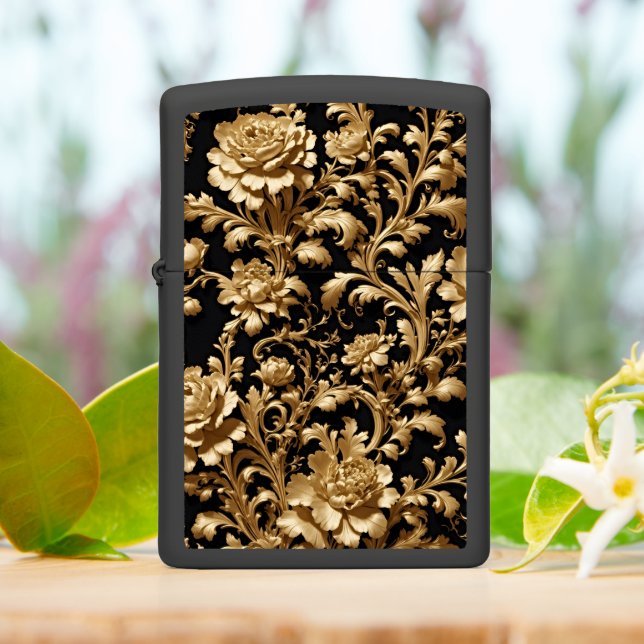 Black & Gold Floral Baroque - Timeless Elegance Zippo Lighter (On Table)