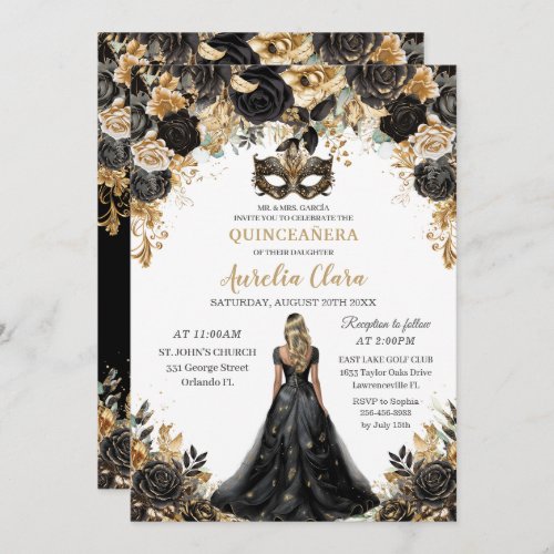 Black Gold Floral Blonde Masquerade Quinceaera Invitation