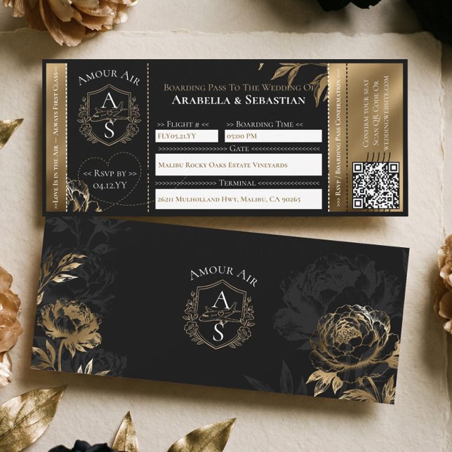 Black Gold Floral Boarding Plane Ticket Wedding Invitation (Black Gold Floral Boarding Plane Ticket Wedding Invitation)