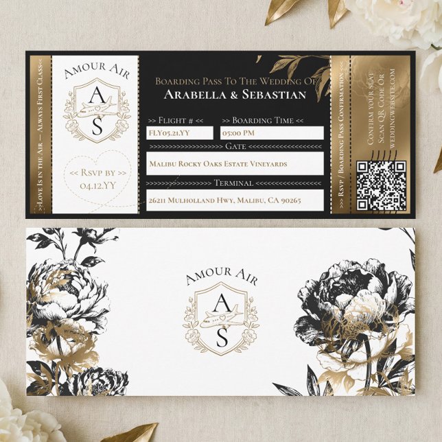 Black Gold Floral Boarding Plane Ticket Wedding Invitation (Black Gold Floral Boarding Plane Ticket Wedding Invitation)
