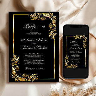Black Gold Floral Border Islamic Wedding Invitation