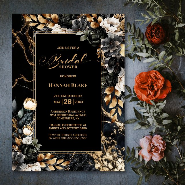 Black Gold Floral Bridal Shower Invitation (Creator Uploaded)