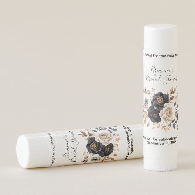 Black Gold Floral Bridal Shower Lip Balm Favors (Front)