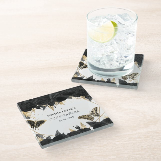 Black Gold Floral Butterflies Quinceanera   Glass Coaster (Angled)