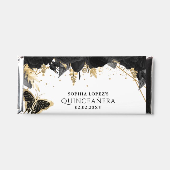 Black Gold Floral Butterflies Quinceanera Hershey Bar Favors (Front)