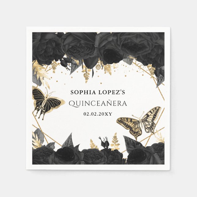 Black Gold Floral Butterflies Quinceanera  Napkins (Front)
