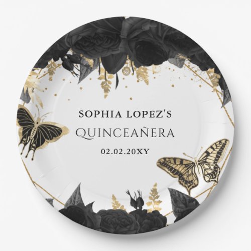 Black Gold Floral Butterflies Quinceanera  Paper Plates