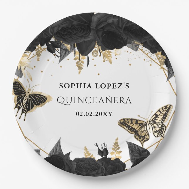 Black Gold Floral Butterflies Quinceanera  Paper Plates (Front)