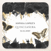 Black Gold Floral Butterflies Quinceanera   Square Paper Coaster