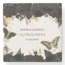 Black Gold Floral Butterflies Quinceanera    Stone Coaster