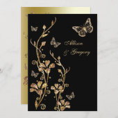 Black Gold Floral Butterflies Wedding Invitation (Front/Back)