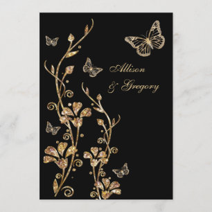 Black Gold Floral Butterflies Wedding Invitation