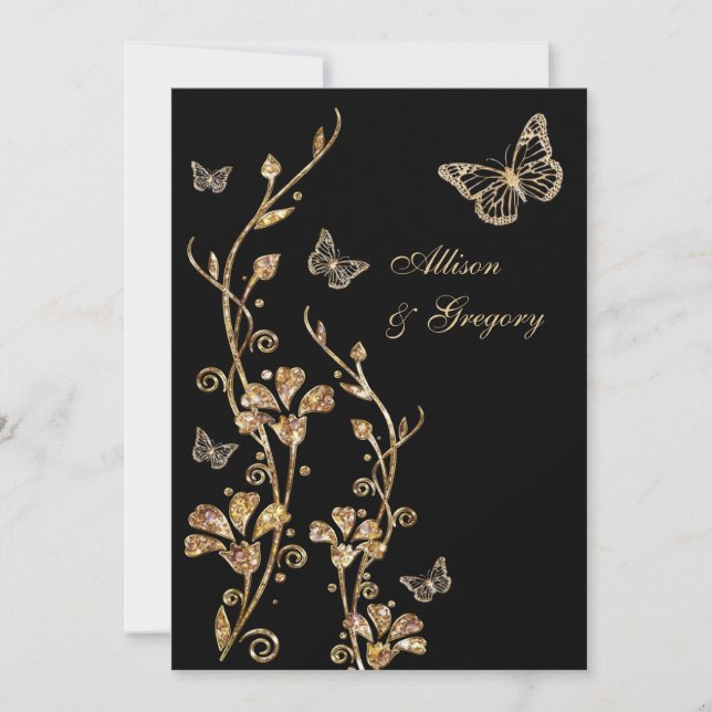 Black Gold Floral Butterflies Wedding Invitation (Front)