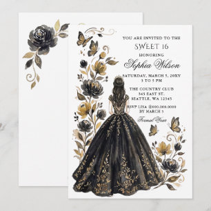 Black Gold Floral Butterfly Princess Sweet 16 Invitation