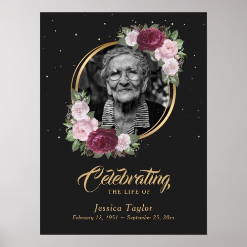 Black Gold Floral Celebration of Life Funeral Sign