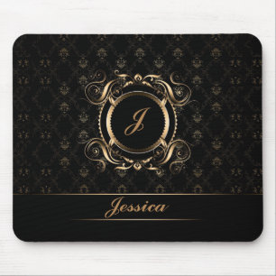 Black & Gold Floral Circle Frame Monogramed Mouse Pad