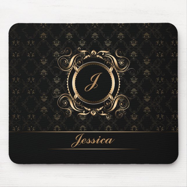Black & Gold Floral Circle Frame Monogramed Mouse Pad (Front)