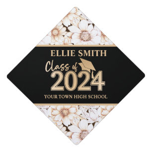 Black Gold Floral Class of 2024 Graduation Graduation Cap Topper