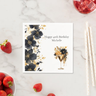 Black Gold Floral Cocktail Drinks 40th Birthday Napkins