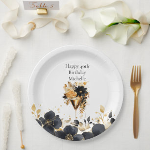 Black Gold Floral Cocktail Drinks 40th Birthday Paper Plates