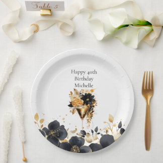 Black Gold Floral Cocktail Drinks 40th Birthday Paper Plates