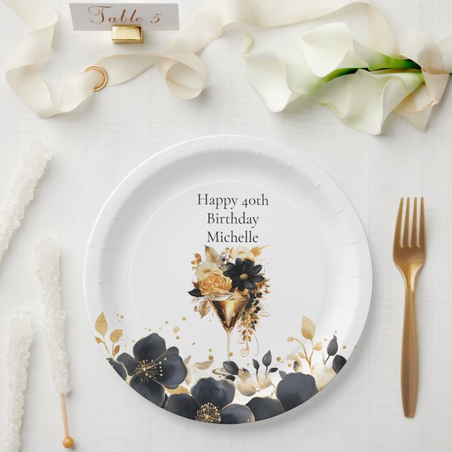 Black Gold Floral Cocktail Drinks 40th Birthday Paper Plates (Wedding)