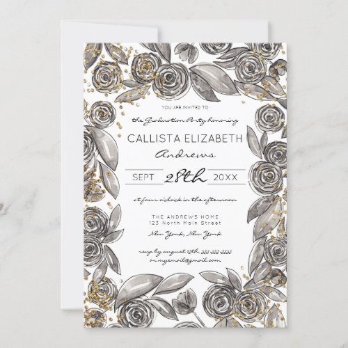 Black Gold Floral Confetti Watercolor Graduation Invitation