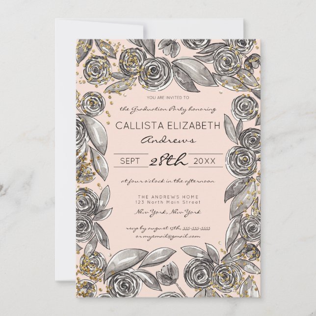 Black Gold Floral Confetti Watercolor Graduation Invitation (Front)