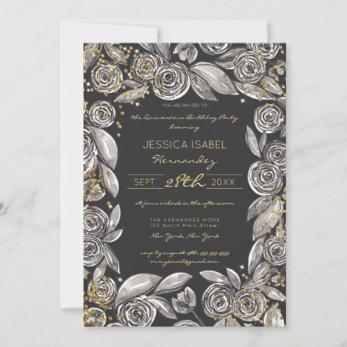 Black Gold Floral Confetti Watercolor Quinceaera Invitation