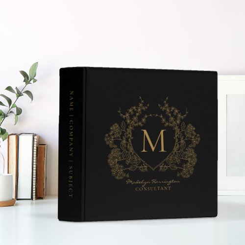 Black Gold Floral Crest Monogram Office School 3 Ring Binder