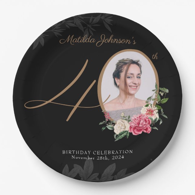 Black Gold Floral Custom Photo 40th Birthday  Paper Plates (Front)