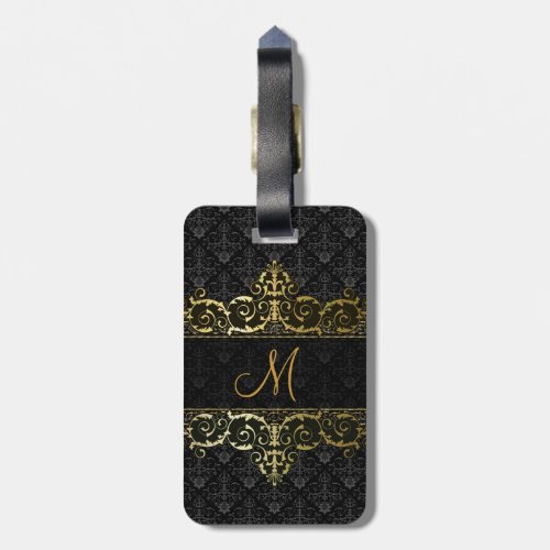 Black  Gold Floral Damask And Frame Monogram Luggage Tag