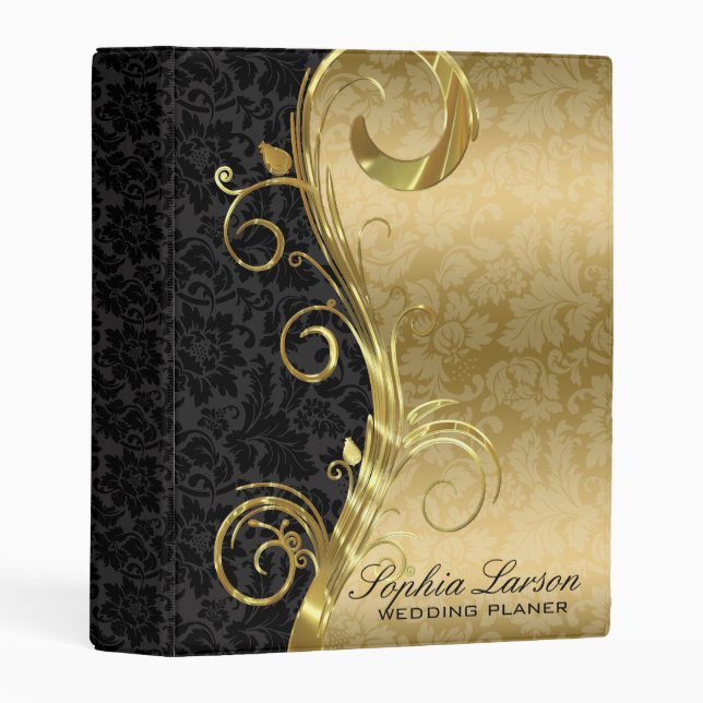 Black Gold Floral Damask Pattern Mini Binder (Front/Spine)