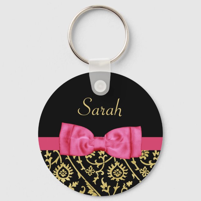 Black Gold Floral Damask Pink Bow and Chic Name Keychain (Front)