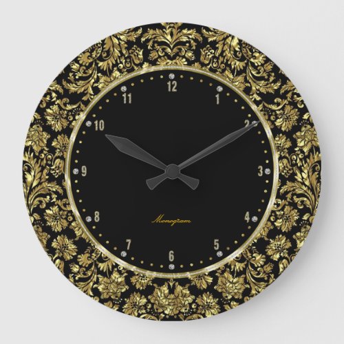 Black  Gold Floral Damasks Monogram Large Clock