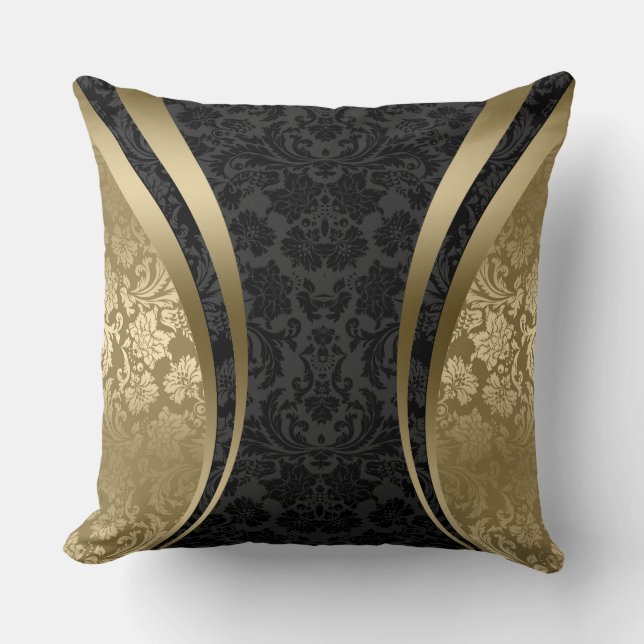 Black & Gold Floral Damasks Throw Pillow (Front)
