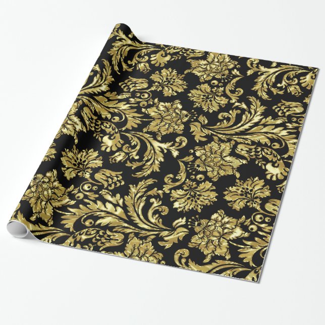 Black  &  Gold Floral Damasks Wrapping Paper (Unrolled)