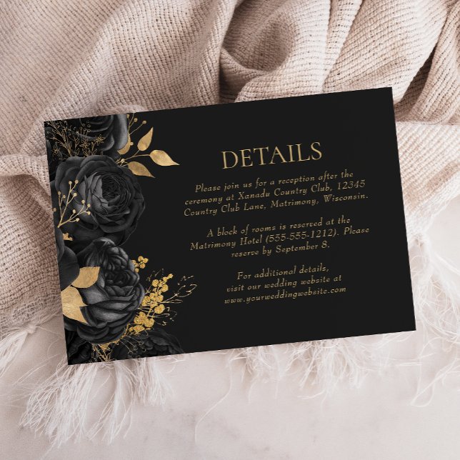 Black Gold Floral Dark Wedding Details RSVP Card (Creator Uploaded)