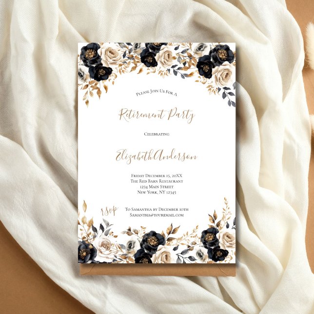 Black Gold Floral Elegant Retirement Party Her Invitation (Black Gold Watercolor Floral Elegant Retirement Party Invitation for her)
