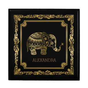 Black & Gold Floral Elephant & Frame Jewelry Box