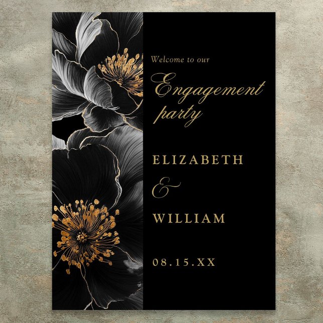 Black Gold Floral Engagement Party Welcome Sign (Black Gold Floral Engagement Party Welcome Sign)