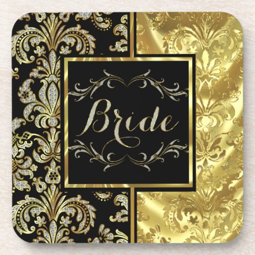 Black  Gold Floral Frame Bride Text Beverage Coaster